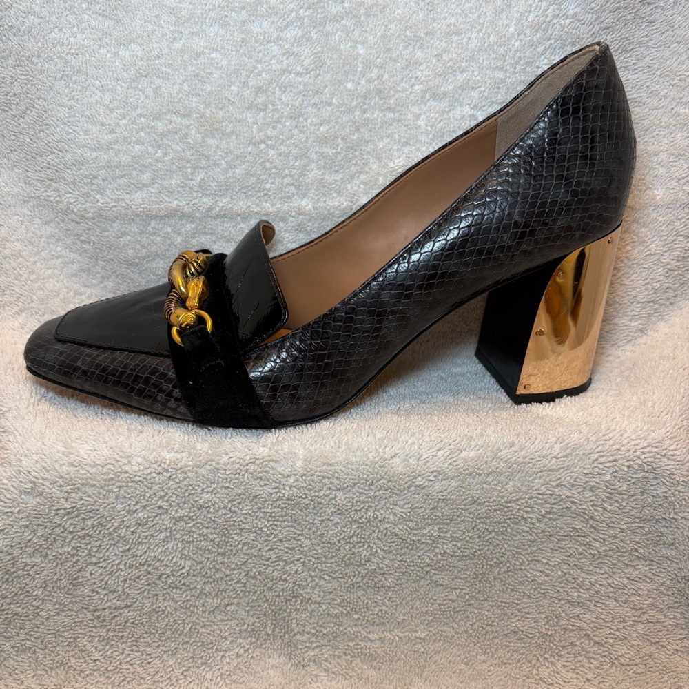 Tory Burch Jessa 3” Metallic Block Heel Pumps, Snakeskin, Gemini Accents, Size 8